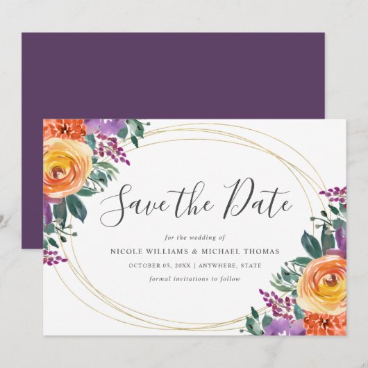 Paarse Oranje Waterverf Bloemen Save The Date (Voorkant / Achterkant)