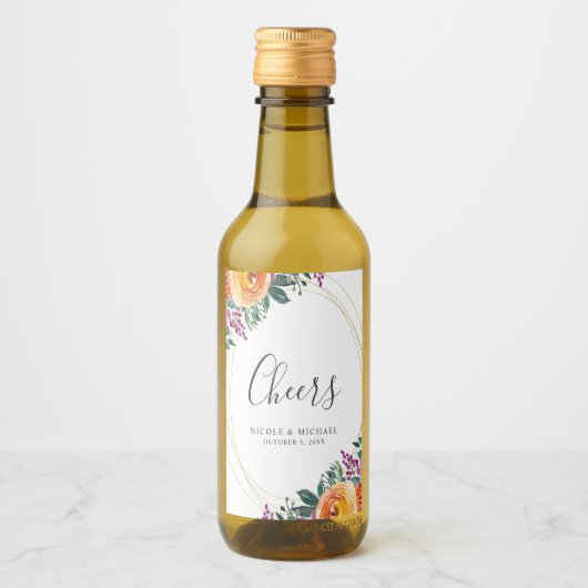 Paarse Oranje Waterverf Bloemenbruiloft Mini Wijn Etiket (Voorkant)