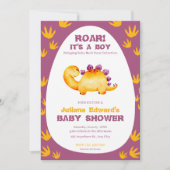 Paarse Oranje waterverf Dinosaurus Baby Jongensdou Kaart (Voorkant)