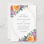 Paarse Oranje Waterverf Floral Wedding Kaart (Voorkant)