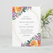 Paarse Oranje Waterverf Floral Wedding Kaart (Staand voorkant)