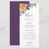 Paarse Oranje Waterverf Floral Wedding Menu (Voorkant / Achterkant)