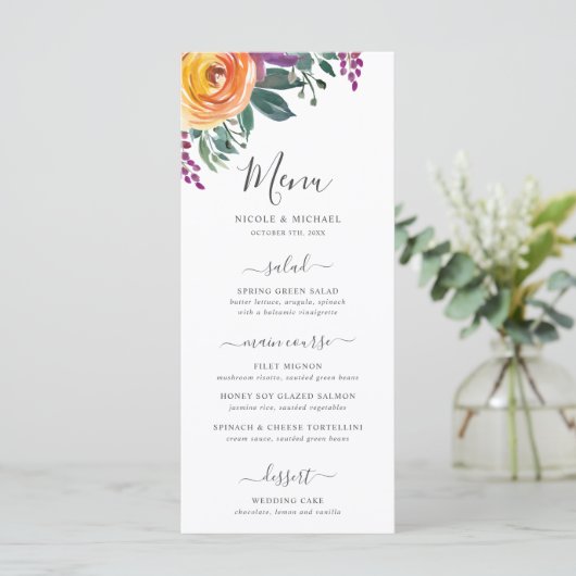 Paarse Oranje Waterverf Floral Wedding Menu (Staand voorkant)