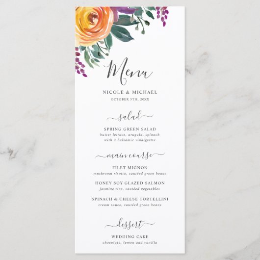 Paarse Oranje Waterverf Floral Wedding Menu (Voorkant)