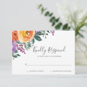 Paarse Oranje Waterverf Floral Wedding RSVP Kaartje (Staand voorkant)