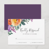 Paarse Oranje Waterverf Floral Wedding RSVP Kaartje (Voorkant / Achterkant)