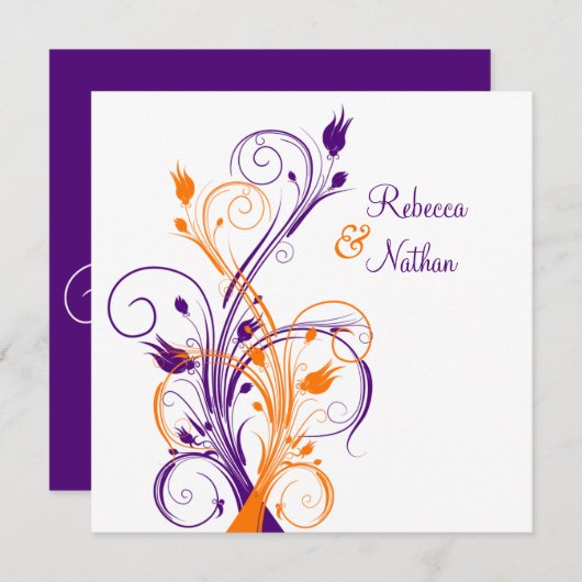 Paarse Oranje Witte Bloemen Sq. Uitnodiging voor h (Voorkant / Achterkant)