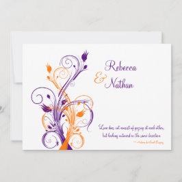 Paarse, Oranje, witte bloemenbruiloft uitnodiging
