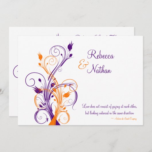 Paarse, Oranje, witte bloemenbruiloft uitnodiging (Voorkant / Achterkant)
