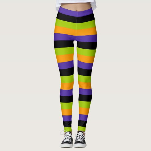 Paarse Oranje Zwart Groen Witchy Stripes Halloween Leggings (Voorkant)