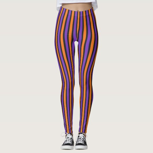 Paarse Oranje zwarte Striped Halloween Leggings (Voorkant)