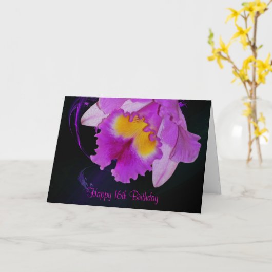 Paarse Orchid 16th Happy Birthday Kaart (Gele Bloem)