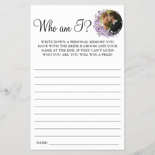 Paarse Orchid Wie ben ik Koppels Douche spel kaart (Voorkant)