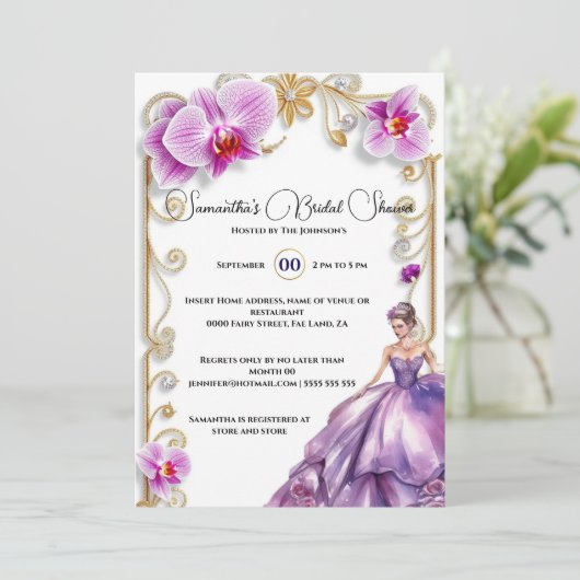 Paarse Orchidee Ballgown Bride wordt vrijgezellenf Kaart (Staand voorkant)