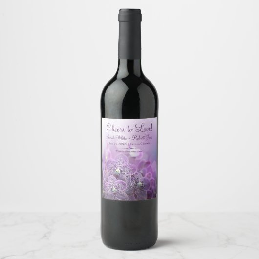 Paarse orchidee bloem bruiloft bewaar de datum wijn etiket (Voorkant)