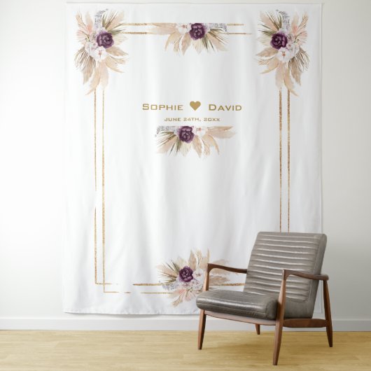 Paarse Orchidee Bloem Pampas Gras Foto Bruiloft Wandkleed (In situ)