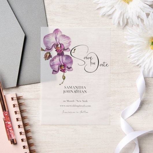 Paarse Orchidee Bloemen Cascade Tropische Bloem Vellum Uitnodigingen (Huwelijk)