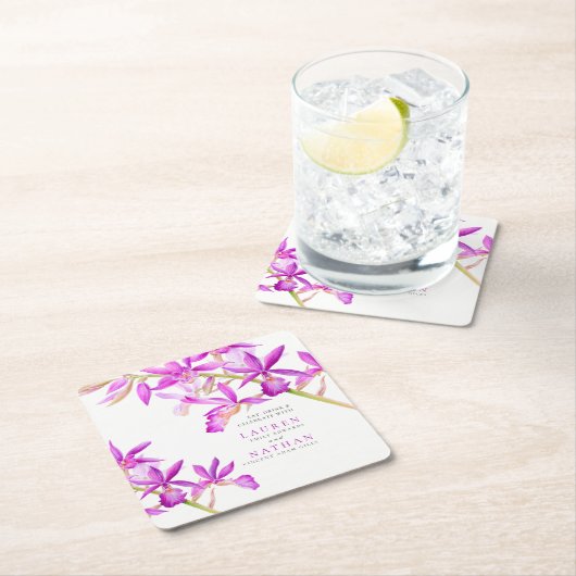Paarse orchidee bloemen waterverf botanische bruil kartonnen onderzetters (Insitu)