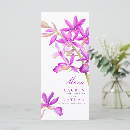 Paarse orchidee bloemen waterverf bruiloft menu (Staand voorkant)