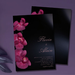Paarse Orchidee Donkere Calligrafie Chic Huwelijk Kaart