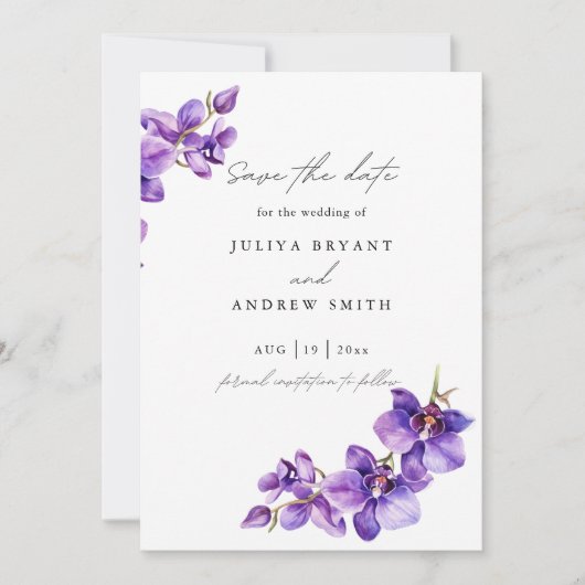 Paarse Orchidee eenvoudige foto Save The Date (Voorkant)