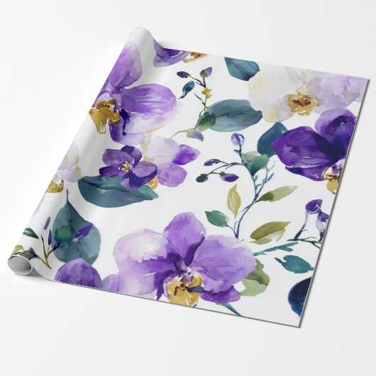 Paarse Orchidee Elegante Bloem Botanisch Cadeaupapier (Uitgerold)
