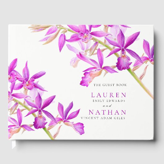 Paarse orchidee floral waterverf botanische bruilo gastenboek (Voorkant)