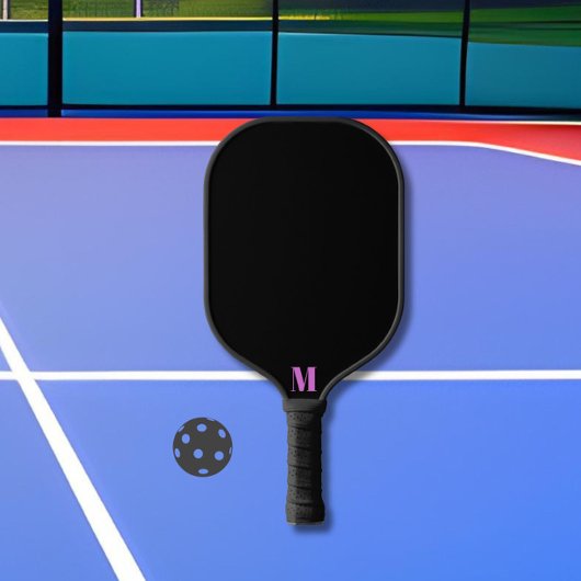 Paarse Orchidee Funk en Zwart Modern Monogram Pickleball Paddle