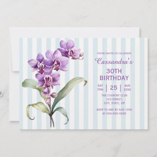 Paarse Orchidee Groene Strepen Bloemen 30e Verjaar Kaart (Voorkant)