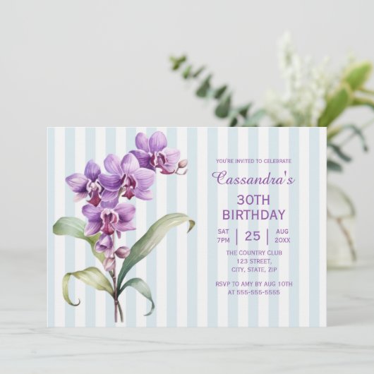 Paarse Orchidee Groene Strepen Bloemen 30e Verjaar Kaart (Staand voorkant)