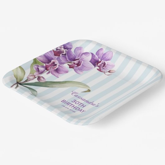 Paarse Orchidee Groene Strepen Bloemen 30e Verjaar Papieren Bordje (Gebogen)