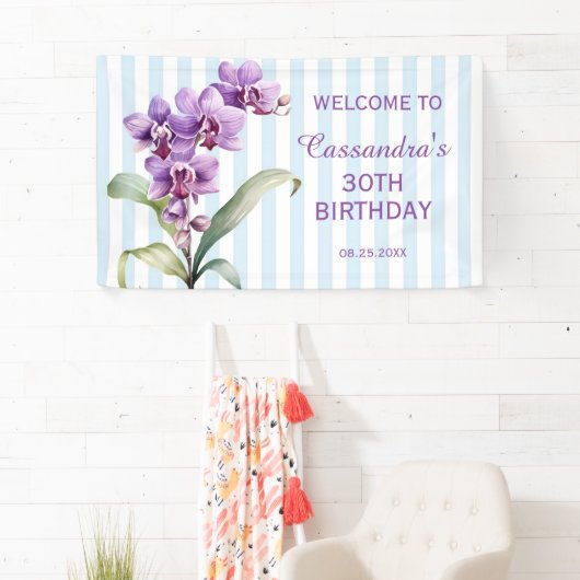 Paarse Orchidee Groene Strepen Bloemen 30e Verjaar Spandoek (Insitu)
