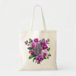 Paarse Orchidee Hamsa Hand Boze Oog Bloemboeket Tote Bag