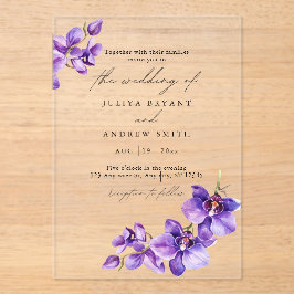 Paarse Orchidee in wit script bruiloft Acryl Uitnodigingen