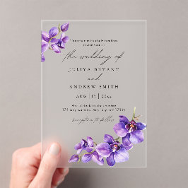 Paarse Orchidee in wit script bruiloft Acryl Uitnodigingen