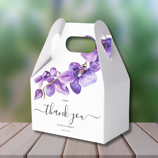 Paarse Orchidee in wit script bruiloft Favor Box Bedankdoosjes