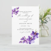 Paarse Orchidee in wit script bruiloft Kaart (Staand voorkant)