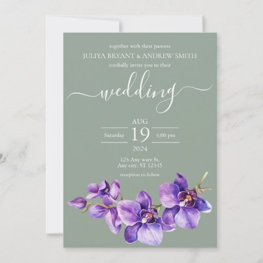 Paarse Orchidee in zee groen Script bruiloft Kaart (Voorkant)