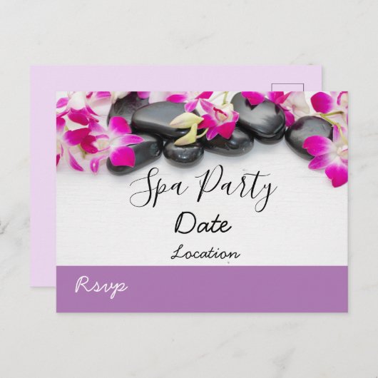 Paarse orchidee met zwarte hot stone spa party briefkaart (Voorkant / Achterkant)