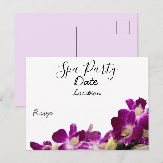 Paarse orchidee met zwarte hot stone spa party briefkaart (Voorkant / Achterkant)