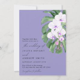 Paarse Orchidee op tropisch blad schrift trouwjurk Kaart