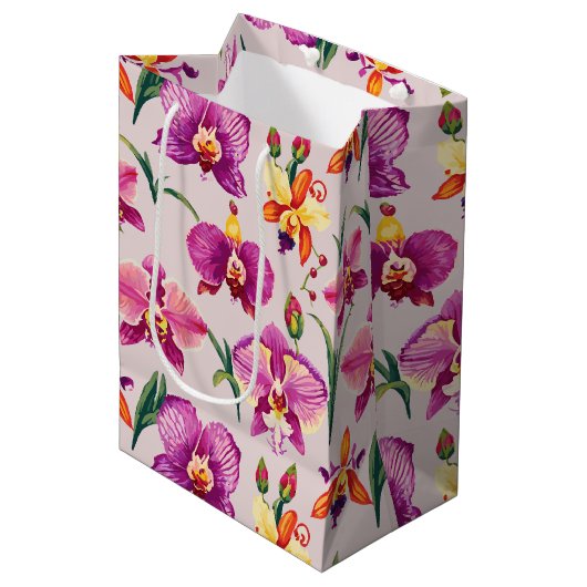  Paarse Orchidee Patroon Medium Cadeauzakje (Voorkant Gekanteld)