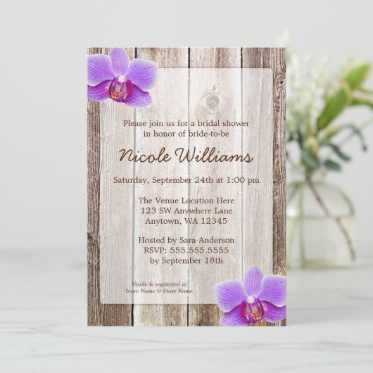 Paarse Orchidee Rustic Barn Wood Vrijgezellenfeest Kaart (Staand voorkant)