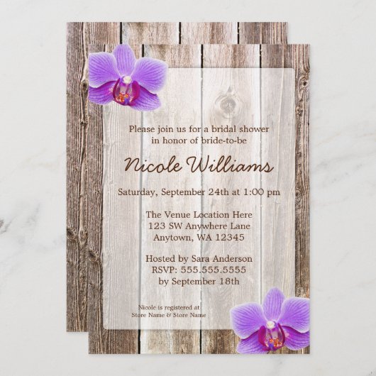 Paarse Orchidee Rustic Barn Wood Vrijgezellenfeest Kaart (Voorkant / Achterkant)