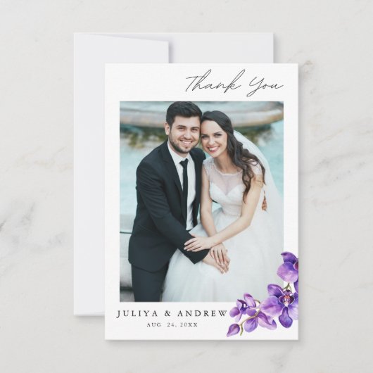 Paarse Orchidee trouwfoto Dank u kaart (Voorkant)