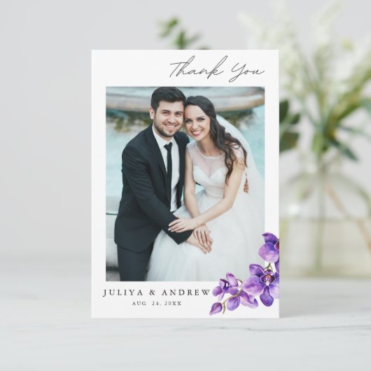 Paarse Orchidee trouwfoto Dank u kaart (Staand voorkant)