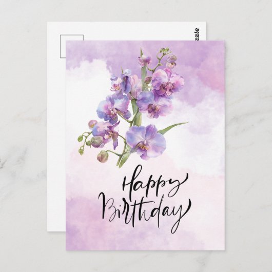 Paarse Orchidee Verjaardag Kaart – Elegante Waterv (Voorkant / Achterkant)