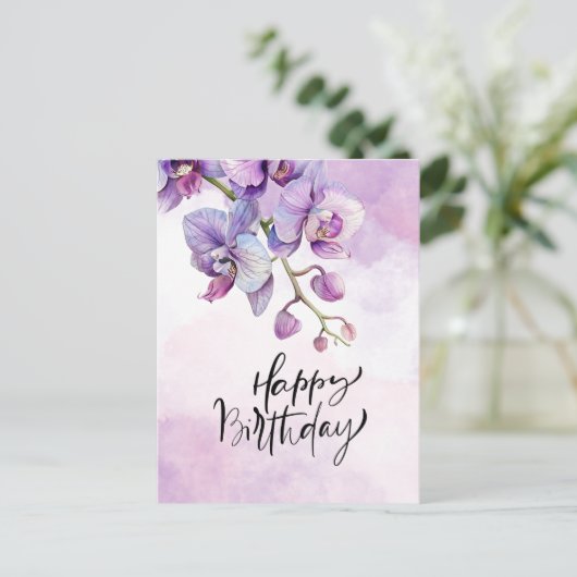 Paarse Orchidee Verjaardag Kaart – Elegante Waterv (Staand voorkant)