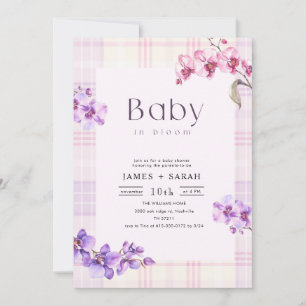Paarse Orchidee Vintage Gingham Bloei Baby Shower Kaart