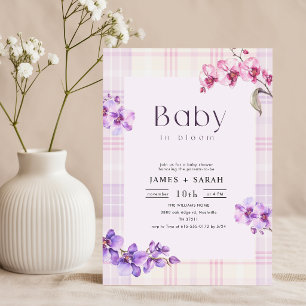 Paarse Orchidee Vintage Gingham Bloei Baby Shower Kaart